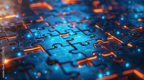 Close-up abstract view of puzzle pieces in shades of blue and orange.