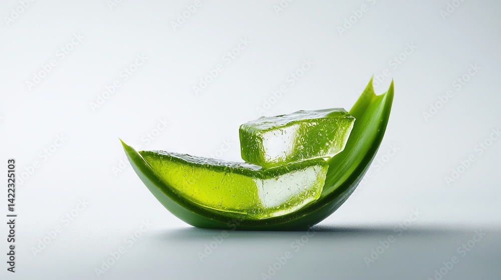 A few ice cubes resting on a green leaf-shaped liquid surface on a white background