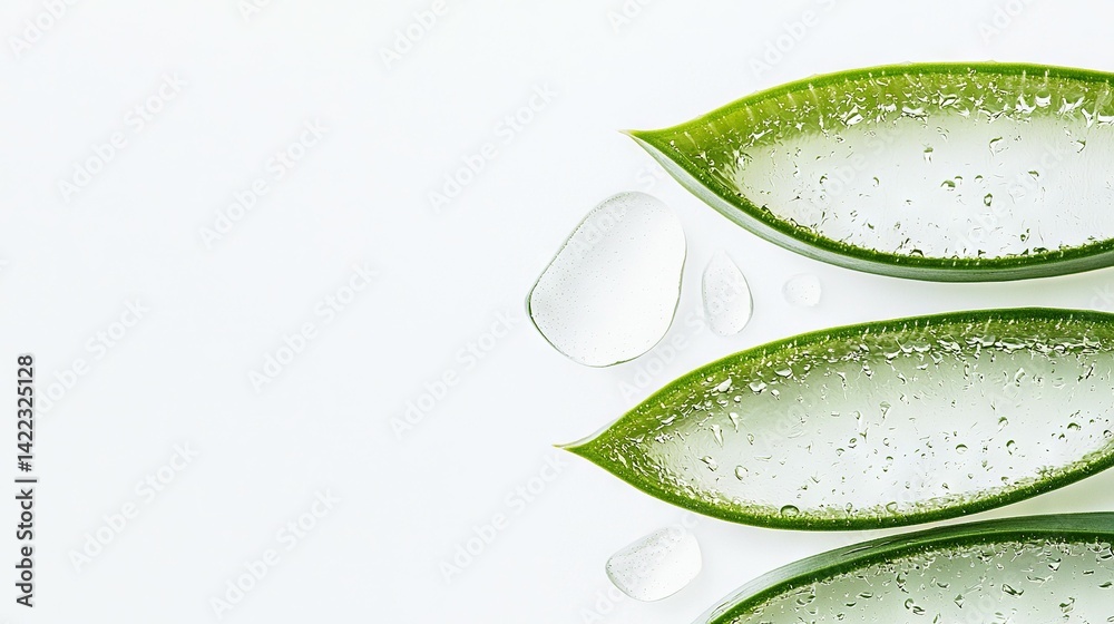 Three green leaves with water droplets on them, reflected in a white surface