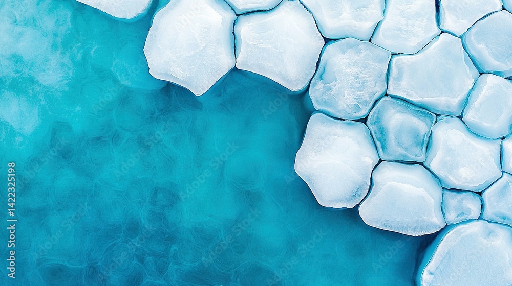 An aerial view of icebergs floating in blue water surrounded by ice floes