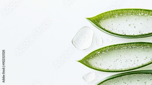 Obraz na płótnie Three green leaves with water droplets on them, reflected in a white surface w salonie