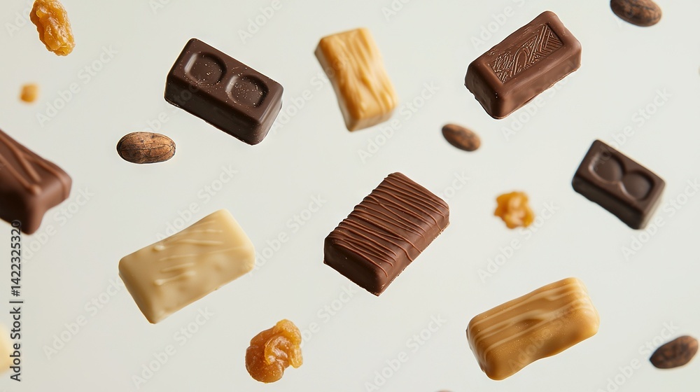 A diverse assortment of chocolate pieces scattered on a pristine white background, accompanied by an array of nuts positioned alongside the image