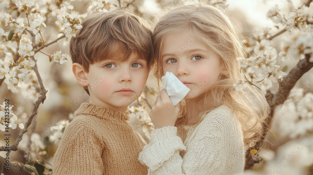 Two Children Sneezing in Spring Blossom Garden. Allergy Season Concept for Health Awareness
