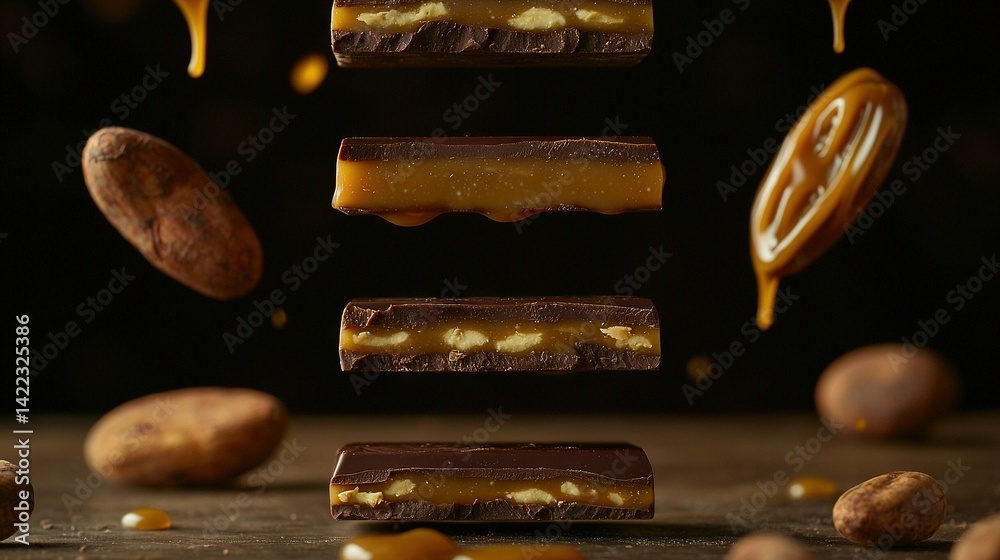 A table displays various foods, including nuts emerging from one piece and a chocolate bar resting on another