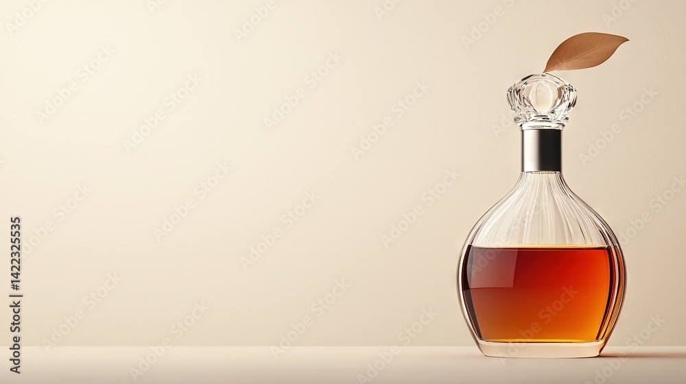 A single leaf protrudes from the top of a bottle of liquid, resting atop a countertop