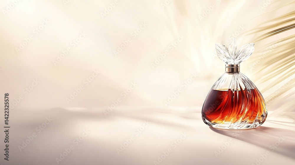 a perfume bottle on a pure white backdrop featuring a fuzzy palm tree in the hazy distance