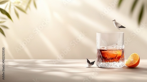   A bird perched atop an orange beside a glass holding a beverage and a sliver of orange adjacent