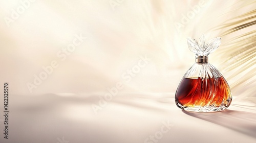Obraz na płótnie a perfume bottle on a pure white backdrop featuring a fuzzy palm tree in the hazy distance w salonie