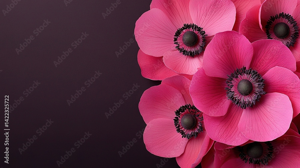 A close-up of pink flowers on a purple background with a black center and smaller pink flowers surrounding it