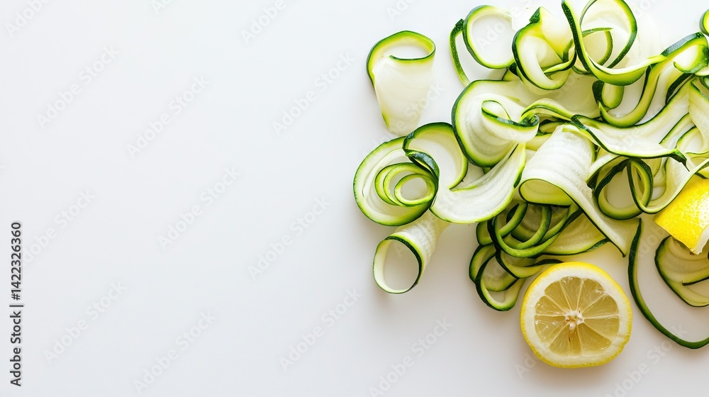 Zucchini noodles, lemon, cucumber on white surface