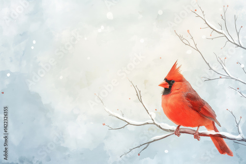 Cardinal bird sitting on snowy branch. Winter season and wildlife concept.