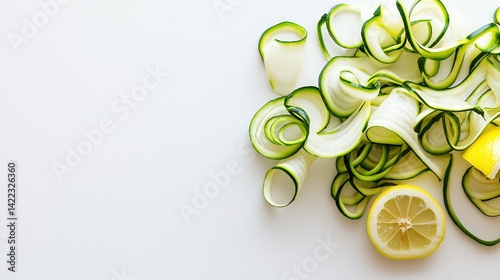 Obraz na płótnie Zucchini noodles, lemon, cucumber on white surface w salonie