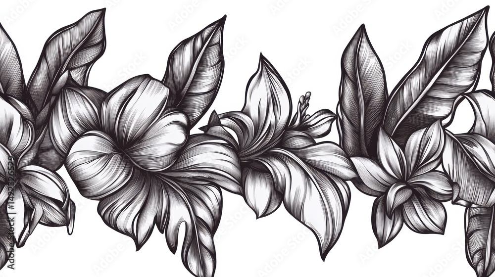 Seamless horizontal line with tropical palm trees, banana leaves and snake plants. Black and white. Hand drawn vector illustration. Seamless horizontal line with tropical palm trees, banana leaves and snake plants. Black and white. Hand drawn vector illustration.