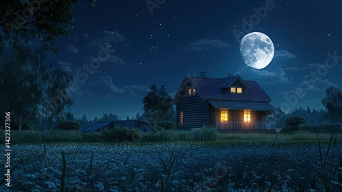 A serene house under the moonlight surrounded by nature, at night.