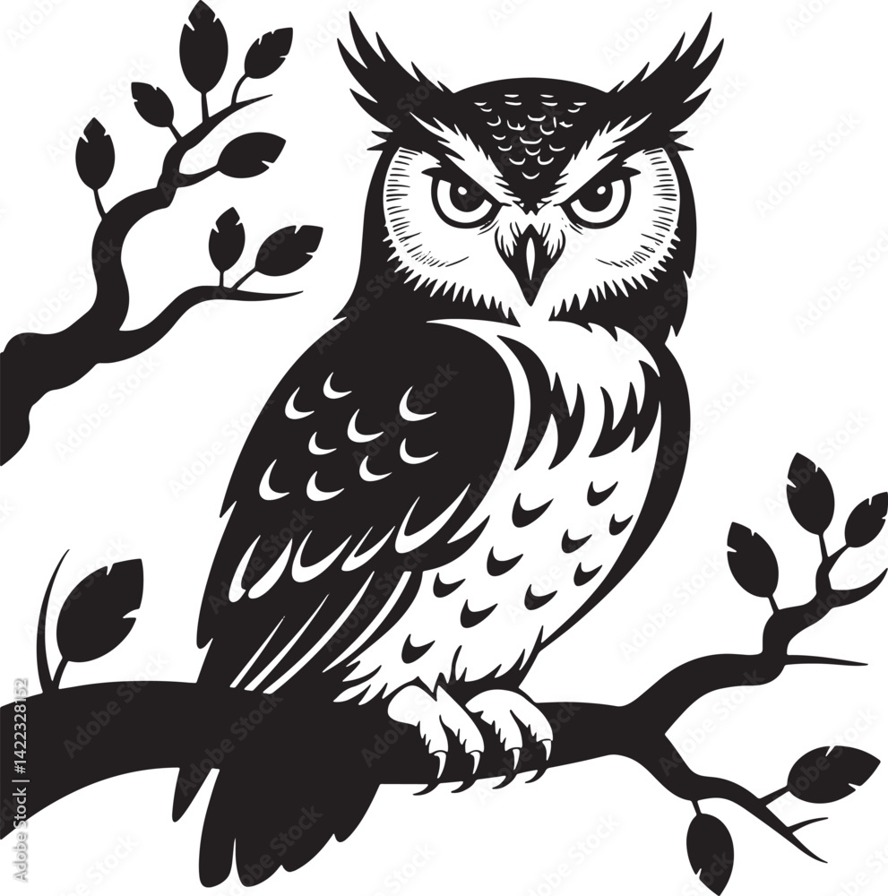 Naklejka premium Black And White Owl Illustration Perched On Tree Branch
