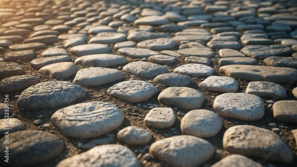 A section of the street constructed with cobblestones, vintage-style pavement