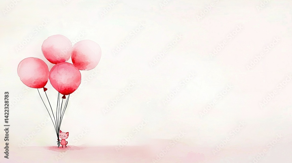 Fototapeta premium Pink balloons float in the air with two pink cats, one on either side
