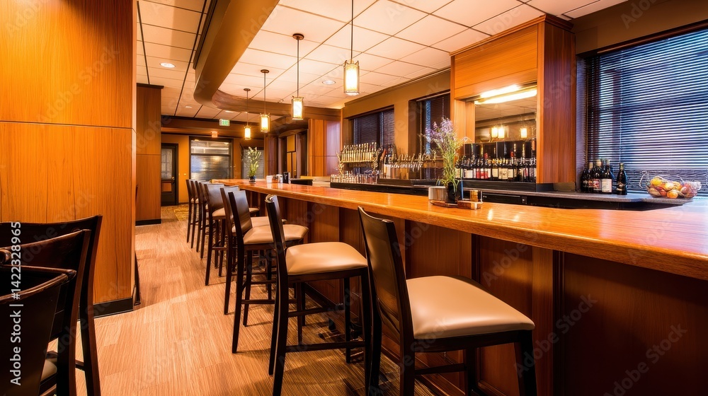Obraz premium Modern bar interior with wooden accents, empty seats, and a well-stocked counter in a cozy setting