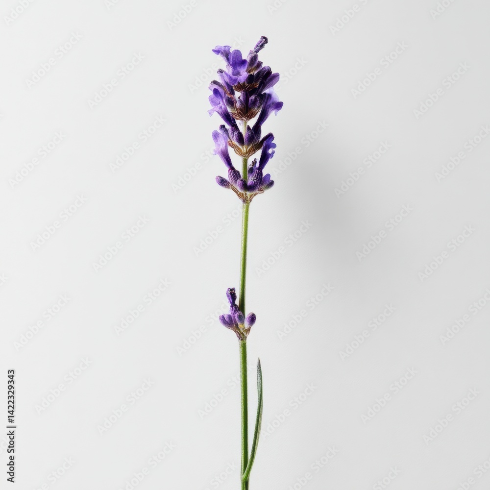 Obraz premium Captivating lavender blossom on a pristine white backdrop showcasing delicate floral beauty and minimalist botanical elegance