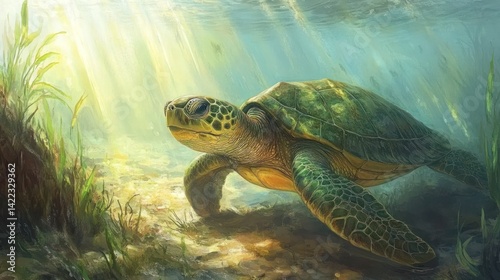 Underwater Turtle, Sunlight, Seagrass, Calm