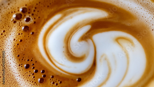 An abstract background image created by a macro view of coffee and cream mixing. Features the rich brown texture of coffee crema and a smooth white milk foam swirl.