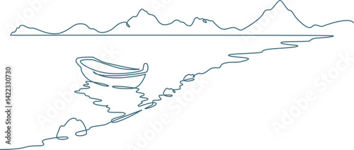 One line minimalist line Boat on Lake with Mountain View, Continuous one line boat and beautiful lake view, Vector Editable Stroke.