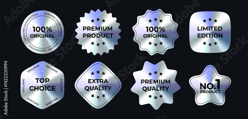 Metallic Silver Badges Set With Premium Quality Labels On Dark Background. Glossy Chrome Stickers Collection For Product Branding, Packaging, Advertising Or Promotion Design. Vector Illustration.