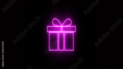 Close-up of gift box against black background, outline neon gift box icon. Glowing neon gift box. Premium gift, luxury present, best surprise. Decorations, balls, garlands, and bright colors decor.