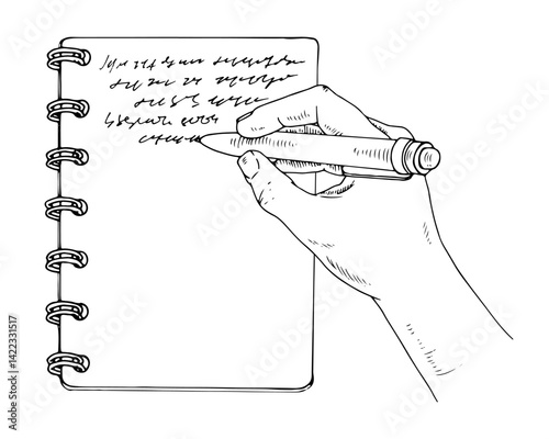 Vector illustration of a hand writing in a notebook. Detailed line art sketch featuring a planner, pen and paper, symbolizing journaling, studying, office work. For stationery and education concepts