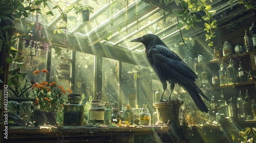 A raven perches atop a pot inside a sunlit greenhouse filled with plants.