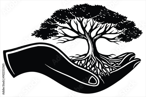 tree growing inside a human hand silhouette logo