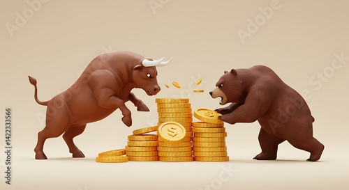 Bull Versus Bear on Coin Stack