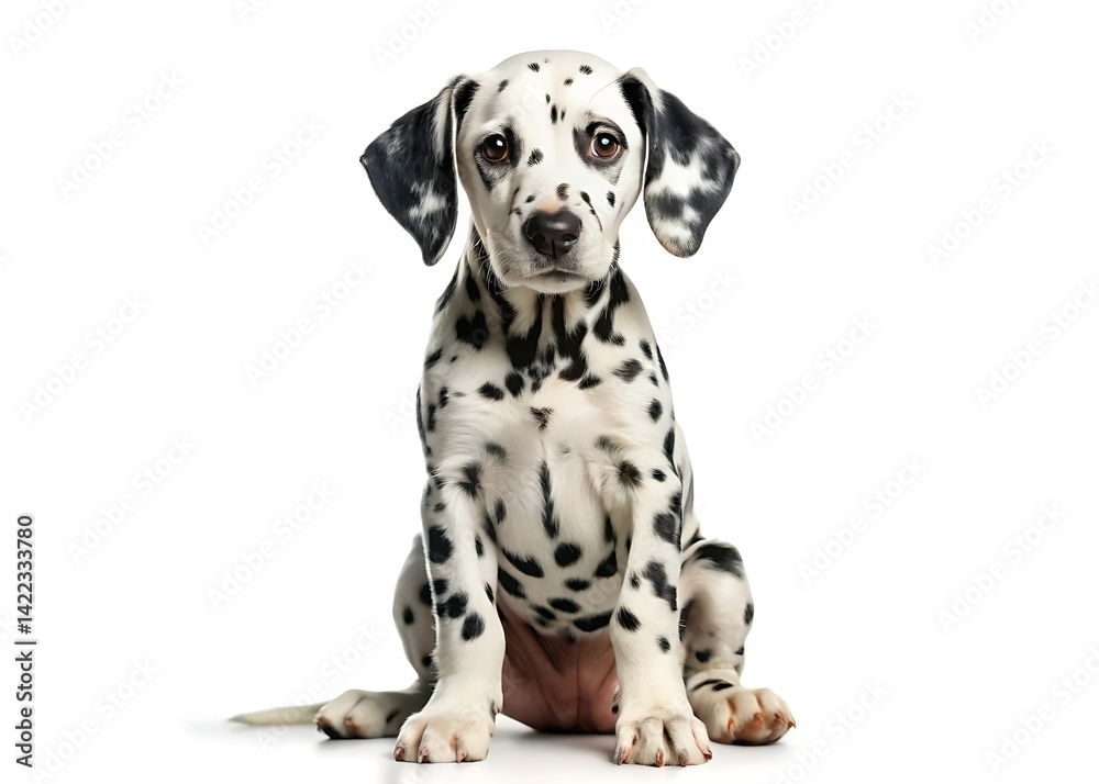 Dalmatian puppy sitting looking at the camera isolated on white background Dalmatian puppy sitting looking at the camera isolated on white background