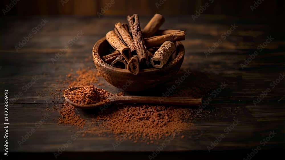 Cinnamon Sticks and Powder in Wooden Bowl and Spoon