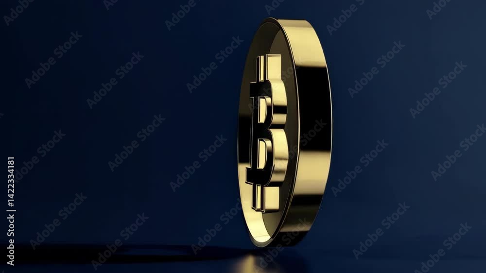 Rotating bitcoin cryptocurrency coin on dark blue background