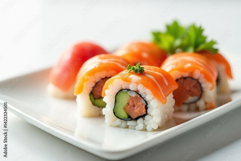 Close-up of sushi on white, minimalist setting, ginger, japanese cuisine Close-up of sushi on white, minimalist setting, ginger, japanese cuisine