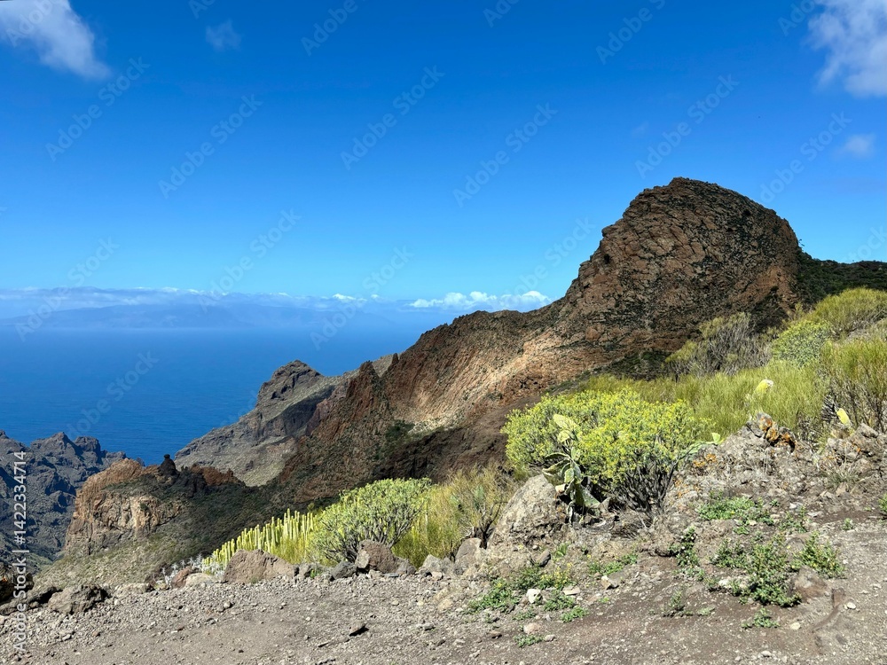 Obraz premium Panoramic view of Risco Blanco mountain in Santiago del Teide, Tenerife, Canary Islands, Spain, a view from hiking path