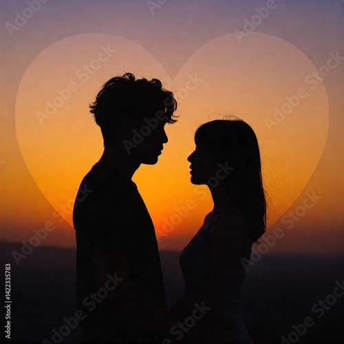 Romantic Silhouette Couple With Sunset Heart Backdrop.