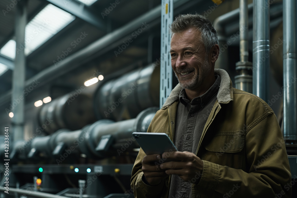 Naklejka premium Smiling industrial engineer holding tablet in dark manufacturing plant. Technology and industry concept. 