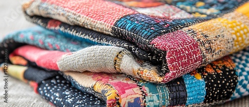 Colorful patchwork blankets folded, showcasing vibrant hues and intricate stitching