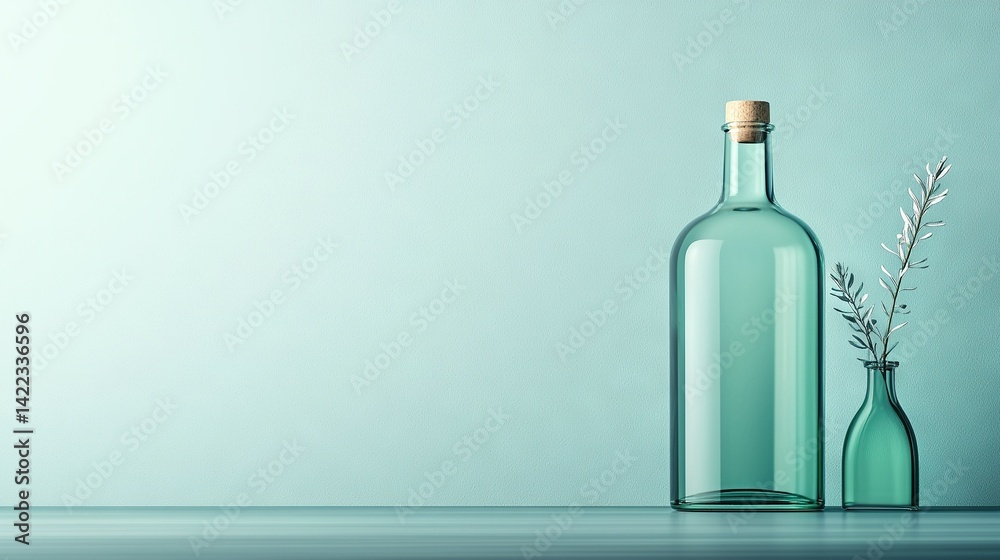 A bottle containing a sprig is positioned next to a glass holding a sprig A bottle containing a sprig is positioned next to a glass holding a sprig