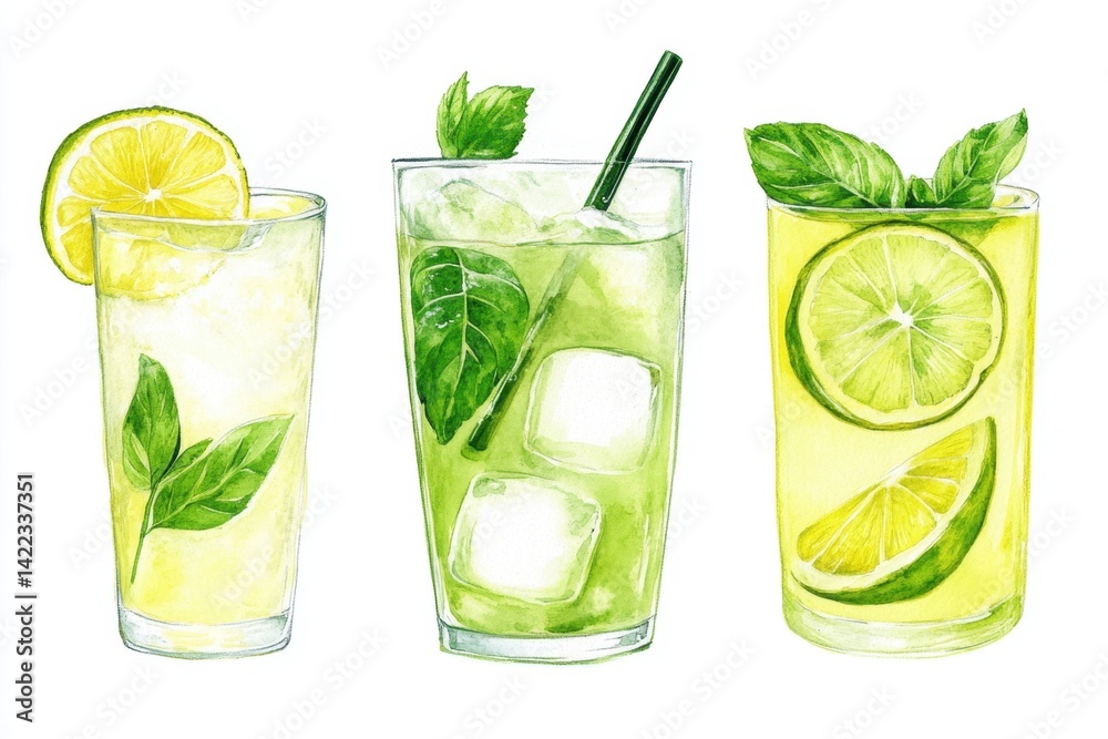 Refreshing watercolor illustration of three vibrant cocktails with lime lemon and mint leaves on white background Refreshing watercolor illustration of three vibrant cocktails with lime lemon and mint leaves on white background