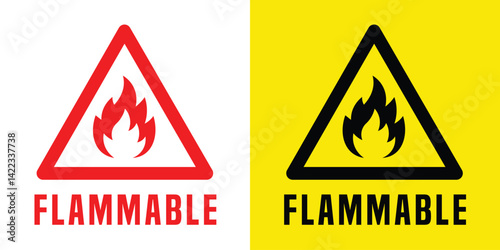 Dual "Flammable" hazard signs: red/white and black/yellow triangles with flame symbols. Clean, bold vector design for safety warnings, labels, or hazard communication materials.