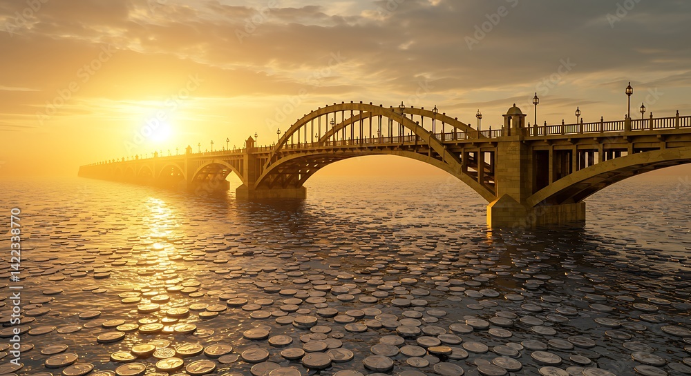 Fototapeta premium Bridge Over Sea of Coins at Sunset