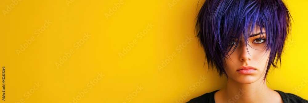 Young Woman with vibrant purple hair on yellow background. Epilepsy awareness, Purple Day concept