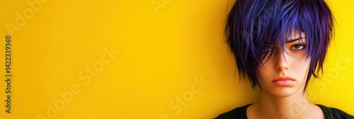Obraz na płótnie Young Woman with vibrant purple hair on yellow background. Epilepsy awareness, Purple Day concept w salonie