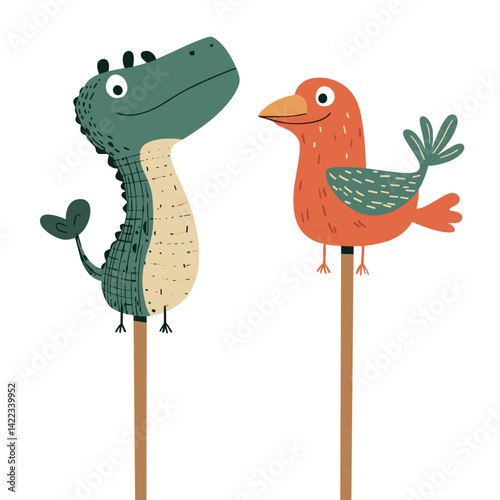 Cartoon stick puppets of dinosaur and bird on white background

