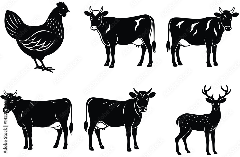 Fototapeta premium This farm animals collection vector illustration showcases a silhouette set of various animals like horse, cow, dog, sheep, goat, and pig, representing common farm mammals and pets