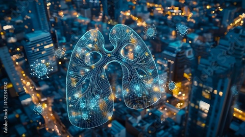 A digital representation of lungs with glowing connections, floating above a cityscape, symbolizing health and urban life.