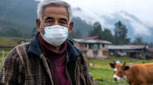 An elderly man wearing a mask stands in a rural landscape with a cow, surrounded by mountains and traditional buildings.